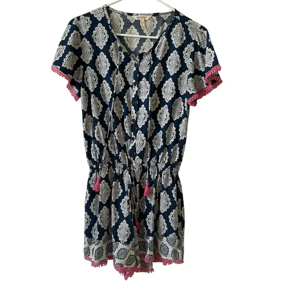 Matilda Jane Blue & White Graphic Romper w/ Pink Trim - Women’s Size S - Picture 2 of 4